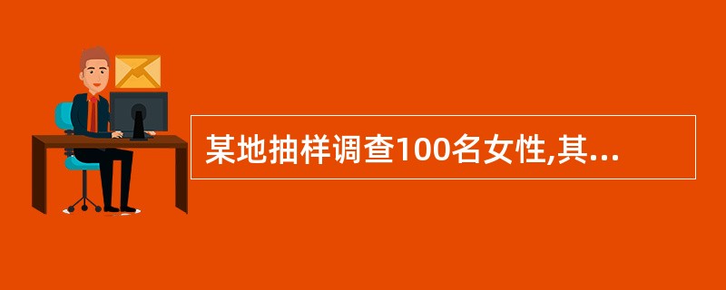 某地抽样调查100名女性,其红细胞数 (1012£¯L)均数为4.18,标准差为