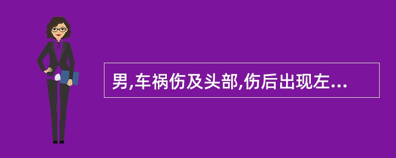 男,车祸伤及头部,伤后出现左侧鼻唇沟变浅,鼻出血,左耳听力下降,左外耳道流出淡血