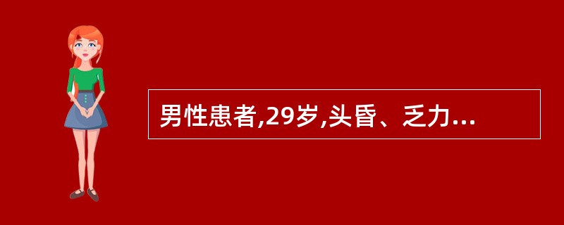 男性患者,29岁,头昏、乏力3个月,皮下散在出血点,脾未触及,血红蛋白80g£¯