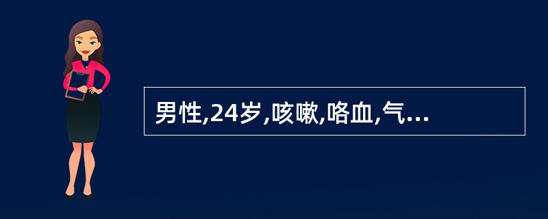 男性,24岁,咳嗽,咯血,气短半个月,伴发热、贫血。胸片,双肺广泛斑片影,以中下