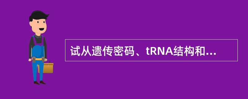 试从遗传密码、tRNA结构和氨酰tRNA合成酶功能三个方面,阐述在蛋白质生物合成