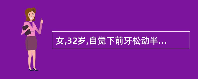 女,32岁,自觉下前牙松动半年余。检查:全口牙龈呈鲜红色,光亮,质松软,下前牙牙