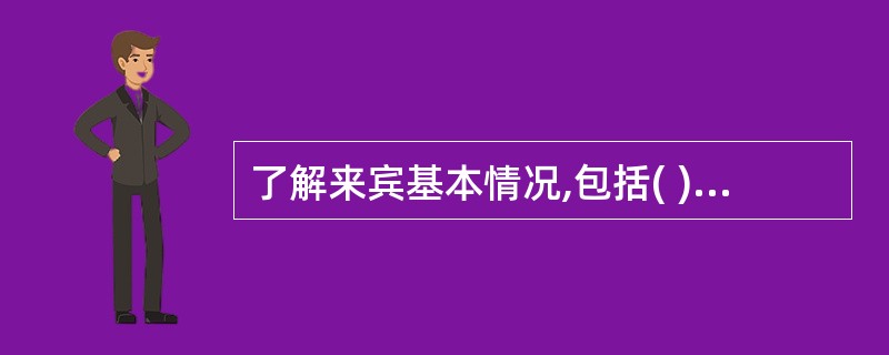 了解来宾基本情况,包括( )、一行人数,以及到达的日期和地点。