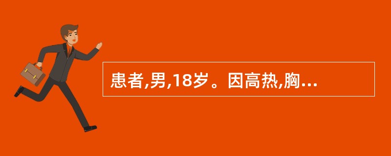 患者,男,18岁。因高热,胸痛,咯铁锈色痰入院。检查:急性热病病容,体温40℃,