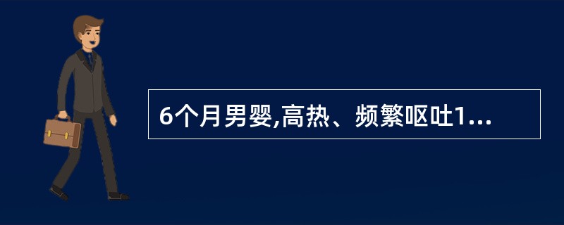 6个月男婴,高热、频繁呕吐1天,查体:面色青灰、两眼凝视,前囟隆起,心肺无异常,