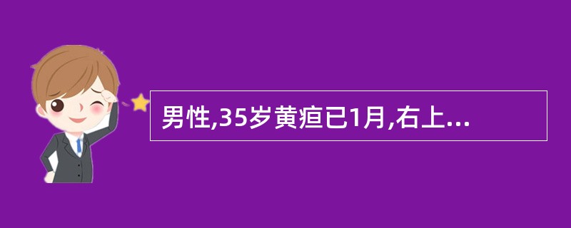 男性,35岁黄疸已1月,右上腹轻微胀痛,食欲不振,经内科治疗无效。查体:肝大,胆