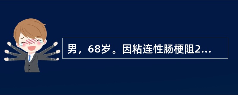 男，68岁。因粘连性肠梗阻24小时行剖腹探查术，术中发现肠系膜与腹壁之间形成粘连