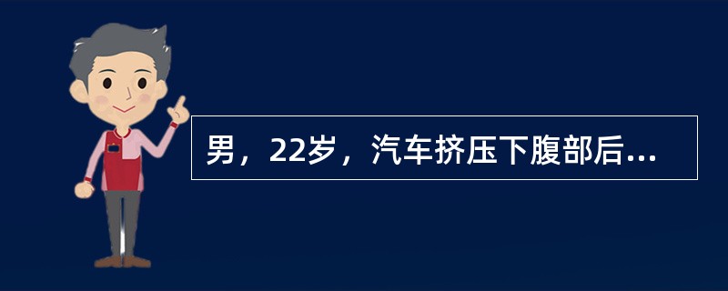 男，22岁，汽车挤压下腹部后2小时，因下腹部疼痛，有尿意，不能排尿就诊。查体：血