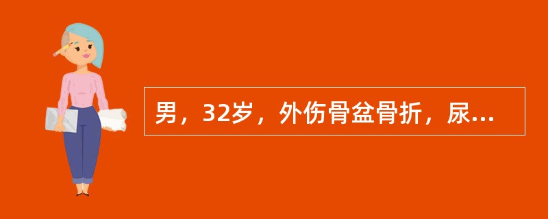 男，32岁，外伤骨盆骨折，尿道口有滴血，尿潴留6小时，血压90/60mmHg，脉