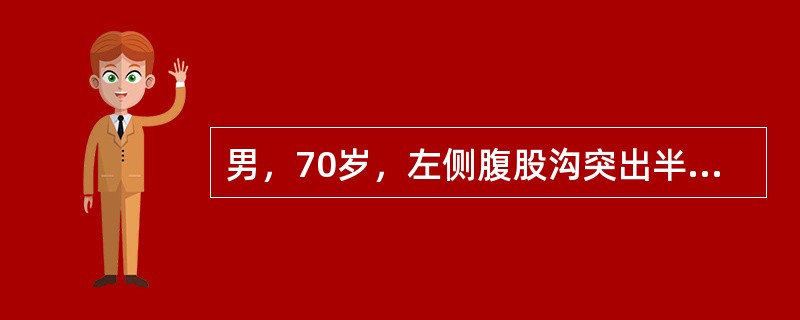 男，70岁，左侧腹股沟突出半球形包块。不降入阴囊，咳嗽冲击试验阴性，易还纳，应诊