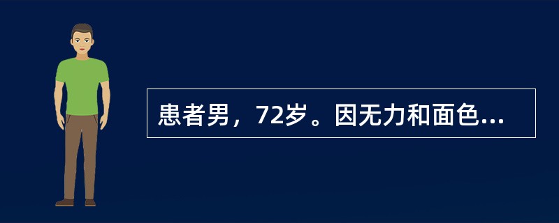 患者男，72岁。因无力和面色苍白2个月就诊。患者无明显上腹痛，无黑粪和腹泻史。查