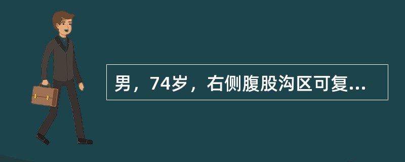 男，74岁，右侧腹股沟区可复性肿块8年。查体：病人直立时，在腹股沟内侧端、耻骨结