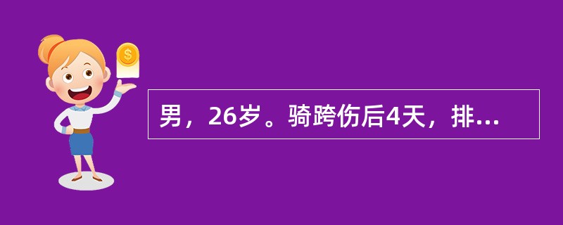 男，26岁。骑跨伤后4天，排尿困难，尿道口仍流血。体检：体温38.5℃，阴囊明显