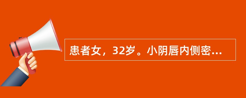 患者女，32岁。小阴唇内侧密集小丘疹，表面光滑，不融合，呈"鱼籽状"，自觉症状缺