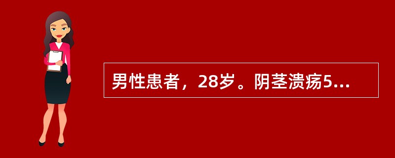 男性患者，28岁。阴茎溃疡5天，伴疼痛。起病前一周有不洁性交史。查体：阴茎中段上