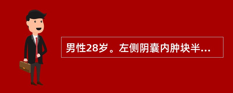 男性28岁。左侧阴囊内肿块半年，时有挤压痛，无热，不影响活动。查体：左侧阴囊肿大