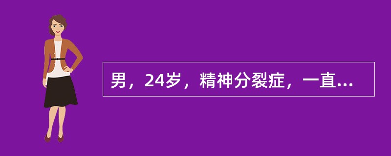 男，24岁，精神分裂症，一直服用氯丙嗪50mg，tid，原来的激动不安、幻觉妄想