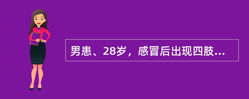 男患、28岁，感冒后出现四肢瘫痪，饮水呛咳、吞咽困难，无二便障碍。查体：双侧鼻唇