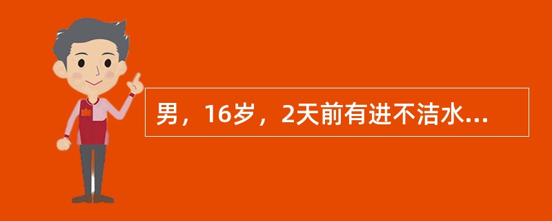 男，16岁，2天前有进不洁水果史，现出现发热38．5℃，腹痛、腹泻，里急后重，大