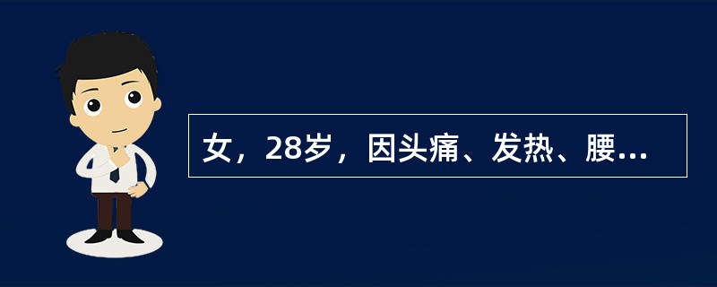 女，28岁，因头痛、发热、腰痛、腹痛、腹泻4天入院。体检：T37．8℃，BP90