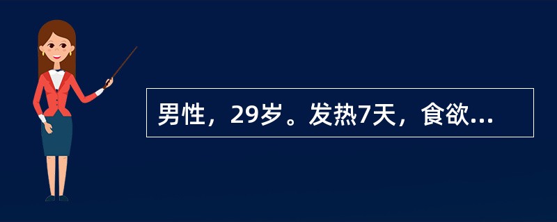 男性，29岁。发热7天，食欲减退、乏力、腹泻腹胀。起病后曾先后自服退热药、氨苄西