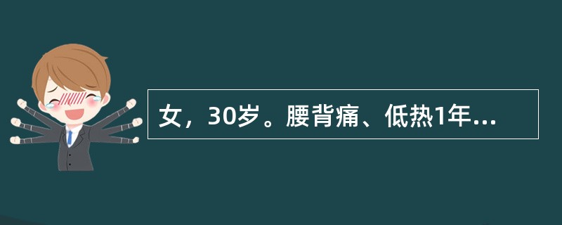 女，30岁。腰背痛、低热1年余，双下肢无力。查体：胸10棘突后凸畸形、叩击痛，E