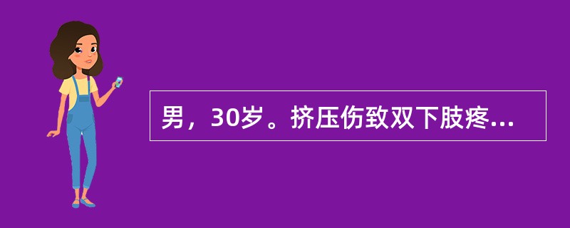 男，30岁。挤压伤致双下肢疼痛2小时。查体：脉搏72次／分，血压120／70mm