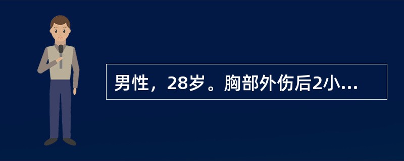 男性，28岁。胸部外伤后2小时，呼吸困难渐加重、发绀，气管明显左偏，胸壁皮下气肿