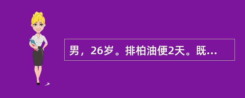 男，26岁。排柏油便2天。既往无胃病史及肝病史，近期无服药史。查体：血压70/4