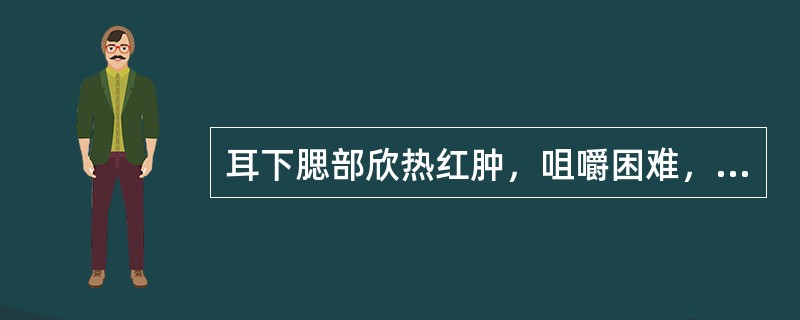 耳下腮部欣热红肿，咀嚼困难，并见高热烦渴，睾丸肿大，脉象浮数或滑数，舌苔黄腻，治