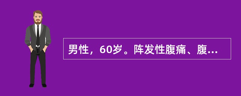 男性，60岁。阵发性腹痛、腹胀，停止排便、排气1天。8年前因阑尾穿孔、腹膜炎行手