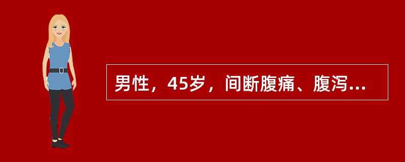 男性，45岁，间断腹痛、腹泻3年，排便4～5次／天，便不成形，无脓血，黏液，服小