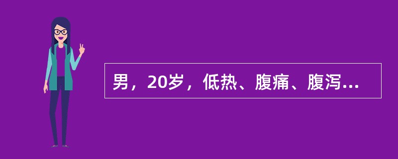 男，20岁，低热、腹痛、腹泻伴腹胀3个月。查体：腹壁揉面感，腹部移动性浊音阳性。