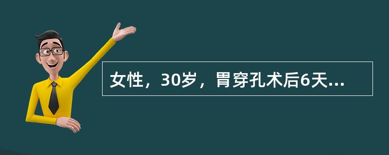 女性，30岁，胃穿孔术后6天，高热，呈弛张热，下腹坠胀，大便次数增多，尿频，下腹