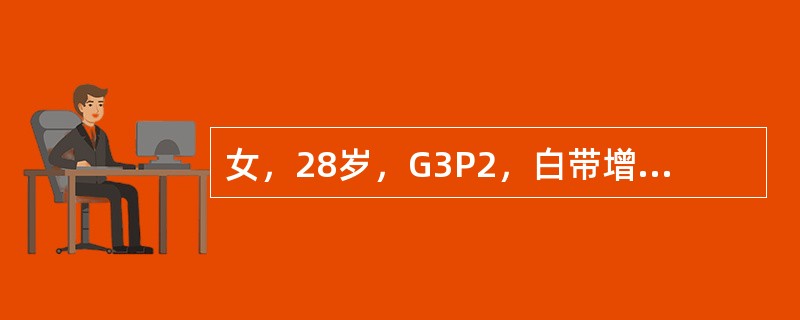 女，28岁，G3P2，白带增多伴性交后少量出血1周来诊。妇科检查：阴道畅，少量咖