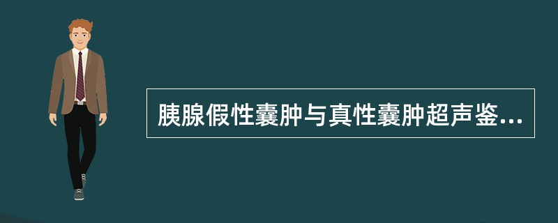 胰腺假性囊肿与真性囊肿超声鉴别要点是：①假性囊肿在胰周，真性囊肿在胰内；②前者较