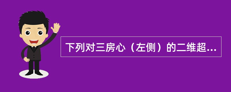 下列对三房心（左侧）的二维超声显像所见的叙述，哪一项是错误的（）