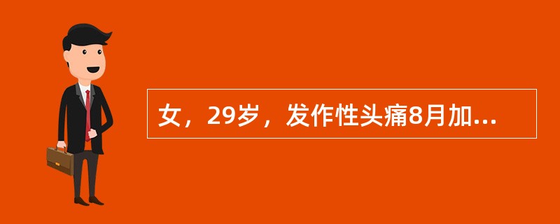 女，29岁，发作性头痛8月加重5周，1周前头痛加剧，出现恶心呕吐，右眼视力模糊，