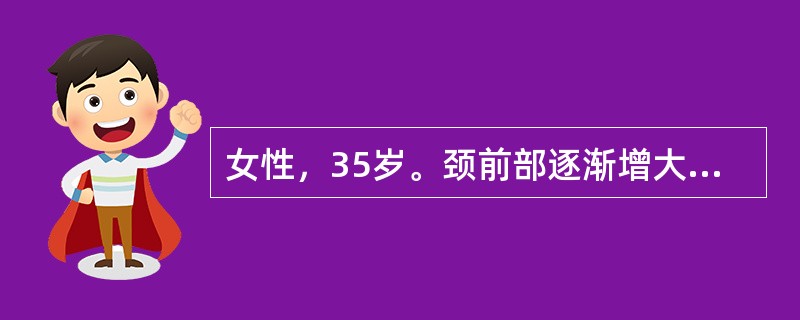 女性，35岁。颈前部逐渐增大、增粗3个月。超声检查：双侧甲状腺肿大，呈多个结节，