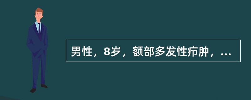 男性，8岁，额部多发性疖肿，不慎碰伤额部，致使局部红肿扩大，弛张性高热，4天后臀