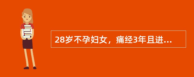 28岁不孕妇女，痛经3年且进行性加重。查子宫后壁有2个触痛性硬韧结节，右侧附件区