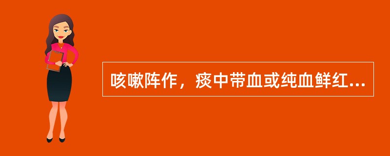 咳嗽阵作，痰中带血或纯血鲜红，胸胁胀痛，烦躁易怒，口苦，舌质红，苔薄黄，脉弦数。