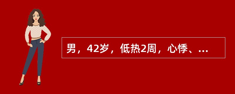 男，42岁，低热2周，心悸、气促、出汗、纳差、关节痛。查体：面色苍白，肺清，心尖