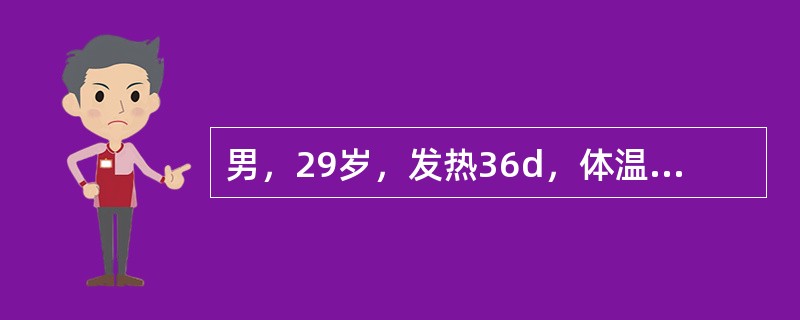 男，29岁，发热36d，体温37～38℃，伴右上腹疼痛，盗汗，消瘦明显。查体：右