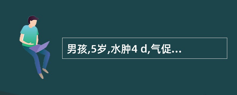 男孩,5岁,水肿4 d,气促l d,伴尿少,尿色深。查体:R 32次£¯分,心音