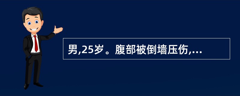 男,25岁。腹部被倒墙压伤,中腹部剧痛伴呕吐3小时。血压120£¯86mmi£­