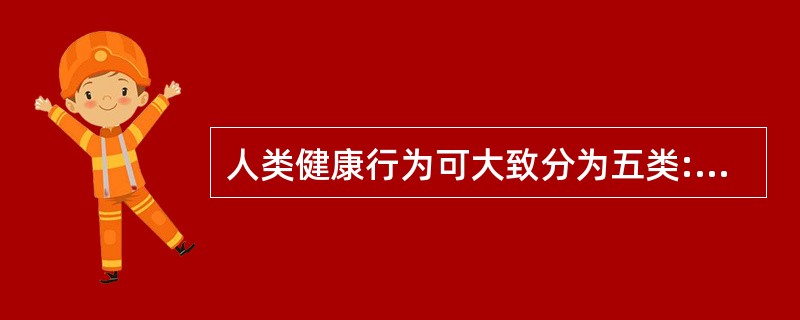 人类健康行为可大致分为五类:基本健康行为、保健行为、避免环境危害行为、戒除不良嗜