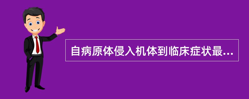 自病原体侵入机体到临床症状最早出现的一段时间称为A、潜伏期B、传染期C、前驱期D