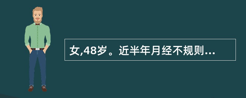 女,48岁。近半年月经不规则,现停经60天,阴道流血12天,量时多时少。妇科检查