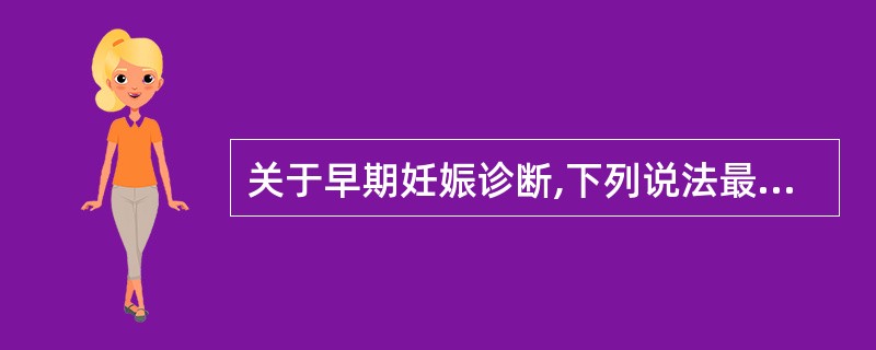 关于早期妊娠诊断,下列说法最准确的是A、子宫增大、尿频B、停经、恶心、呕吐C、阴